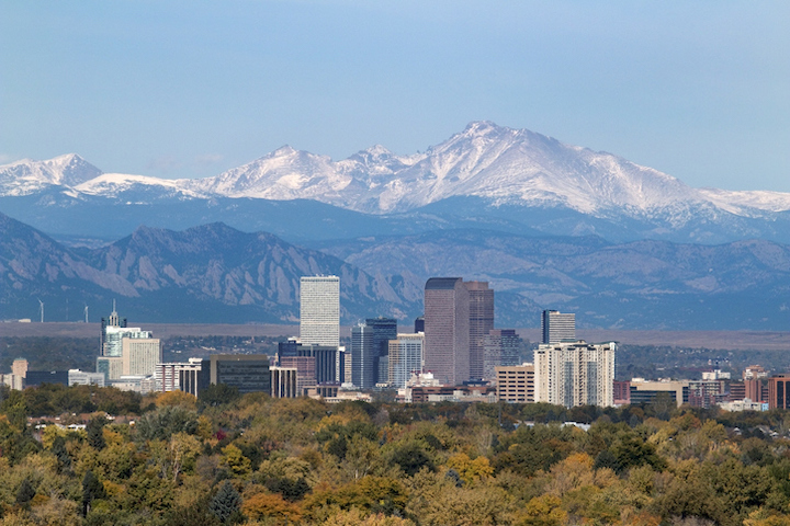 Denver skyline with mountains in the background